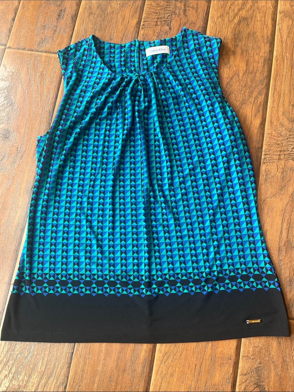 Calvin Klein Teal and Black Geometric Sleeveless Top - Size Large